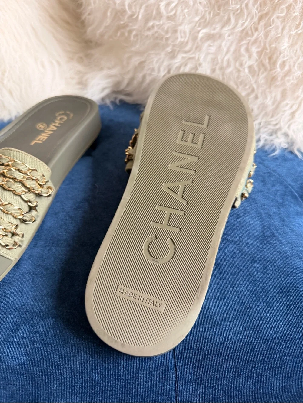 CHANEL Olive Green Chain-Embellished Slide Sandals